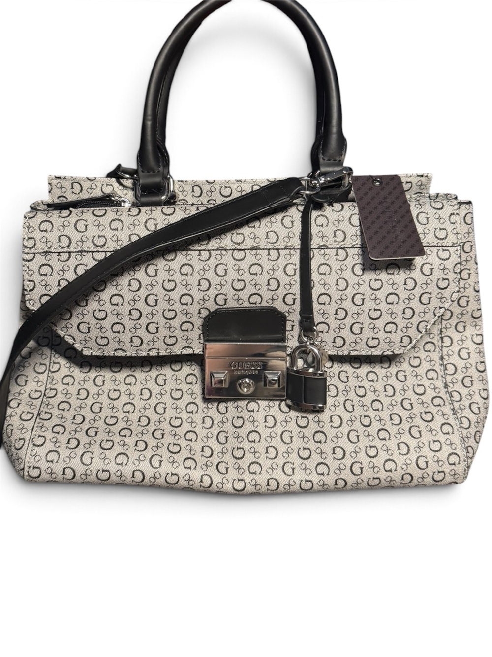 GUESS ZENA Black Monogram Satchel Padlock Charm Shoulder Bag NWT